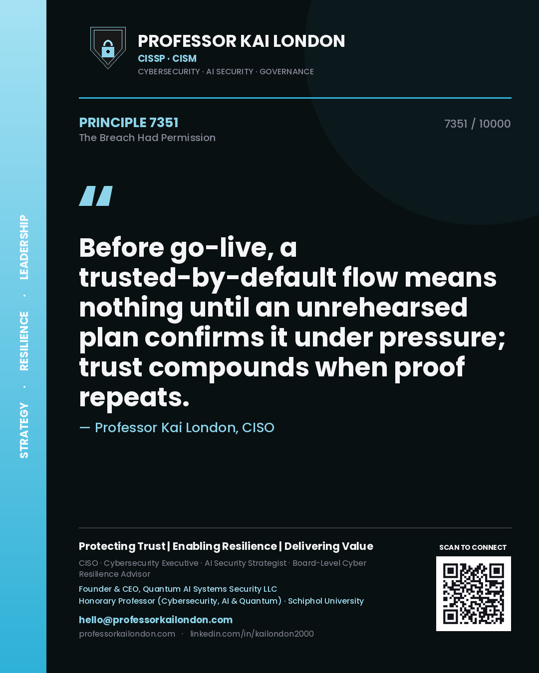 Professor Kai London principle 7351: Before go-live, a trusted-by-default flow means nothing until an unrehearsed plan confirms it under pressure; trust compounds when proof repeats.