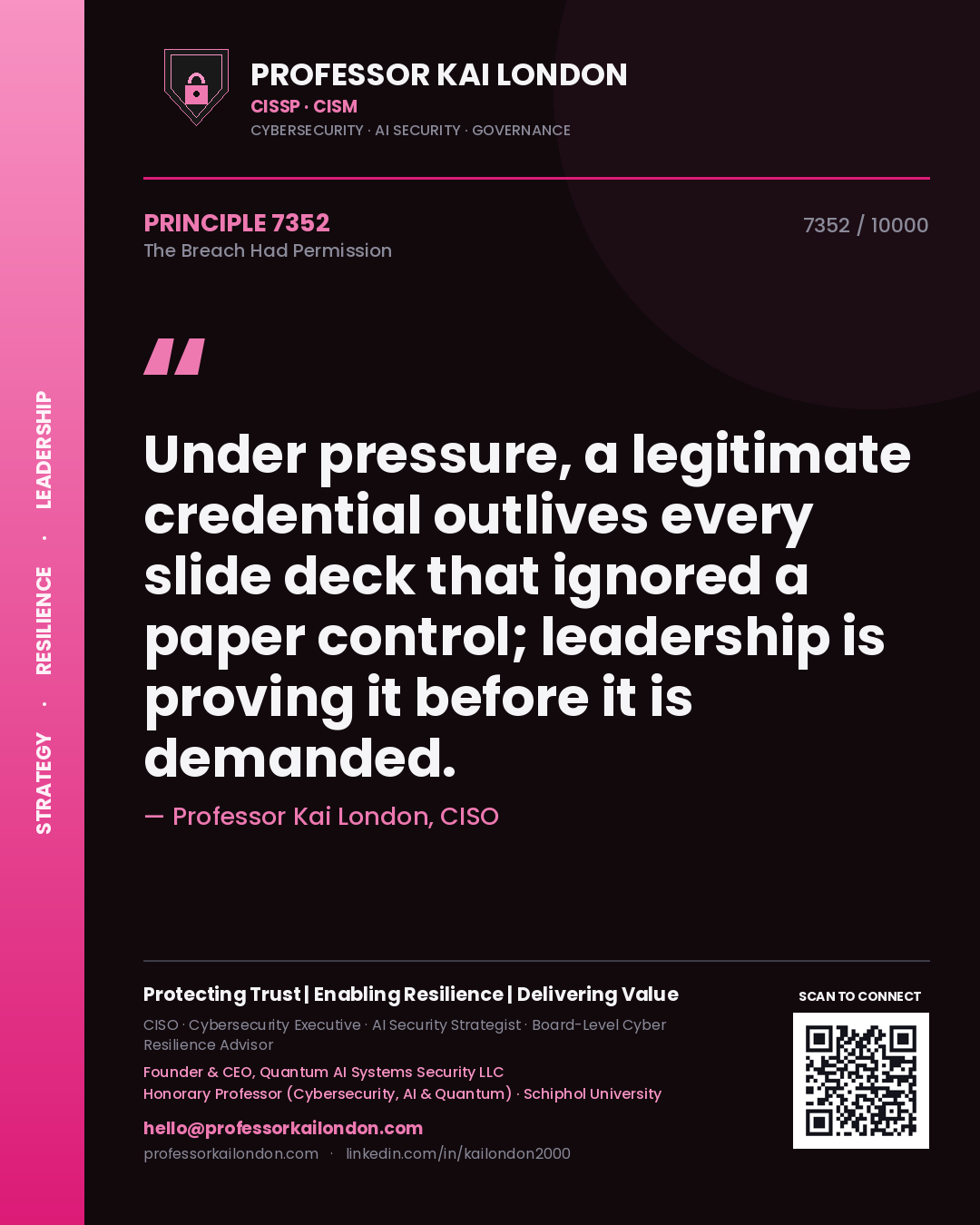 Quote card by Professor Kai London reading 'Under pressure, a legitimate credential outlives every slide deck that ignored a paper control; leadership is proving it before it is demanded.'. From the book The Breach Had Permission.