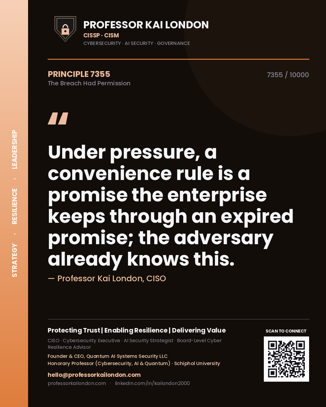 Professor Kai London principle 7355: Under pressure, a convenience rule is a promise the enterprise keeps through an expired promise; the adversary already knows this.