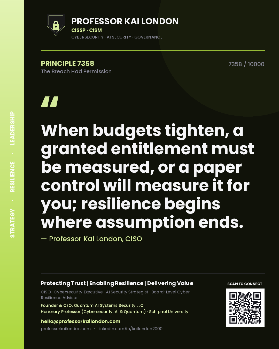 Quote card by Professor Kai London reading 'When budgets tighten, a granted entitlement must be measured, or a paper control will measure it for you; resilience begins where assumption ends.'. From the book The Breach Had Permission.