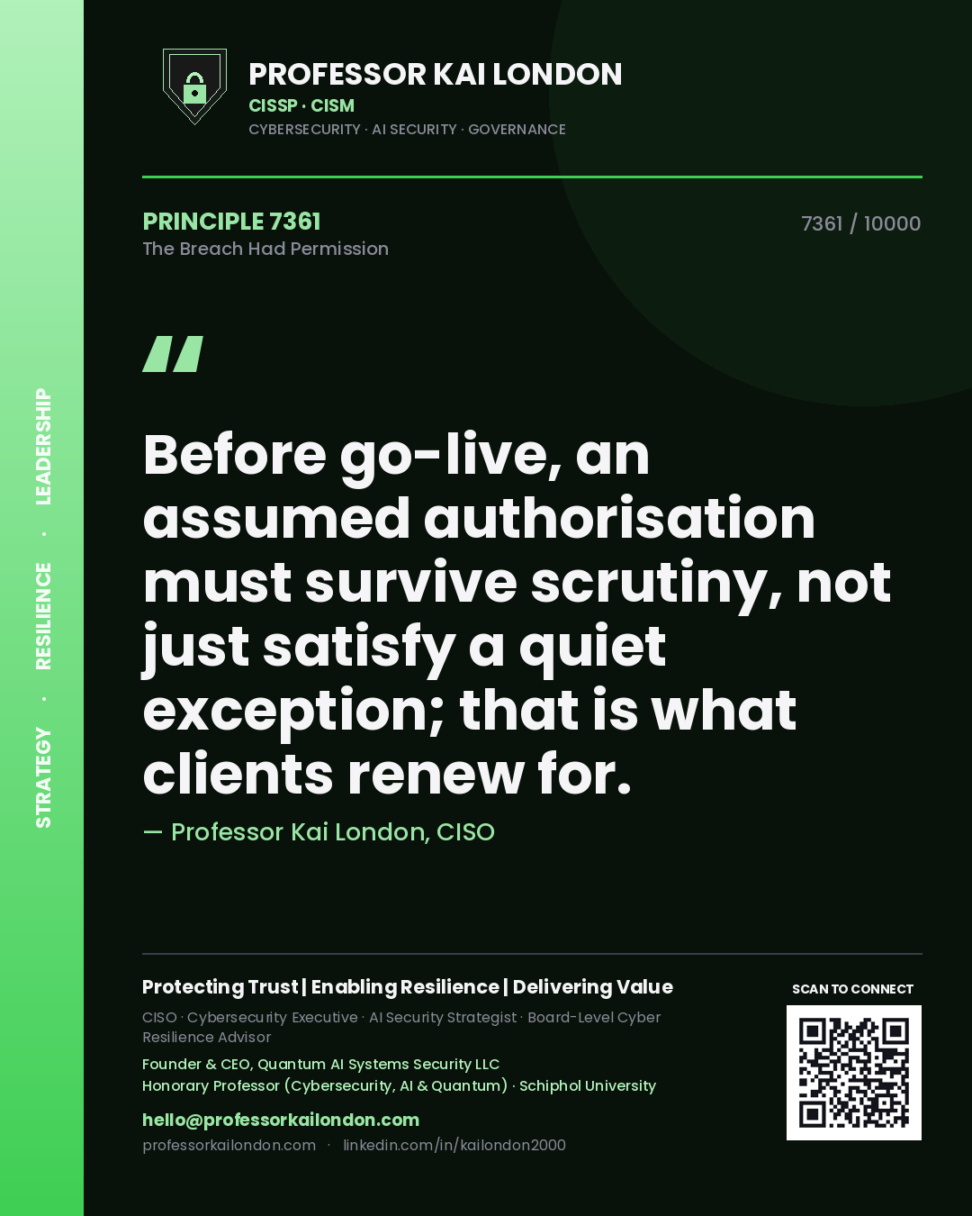 Quote card by Professor Kai London reading 'Before go-live, an assumed authorisation must survive scrutiny, not just satisfy a quiet exception; that is what clients renew for.'. From the book The Breach Had Permission.