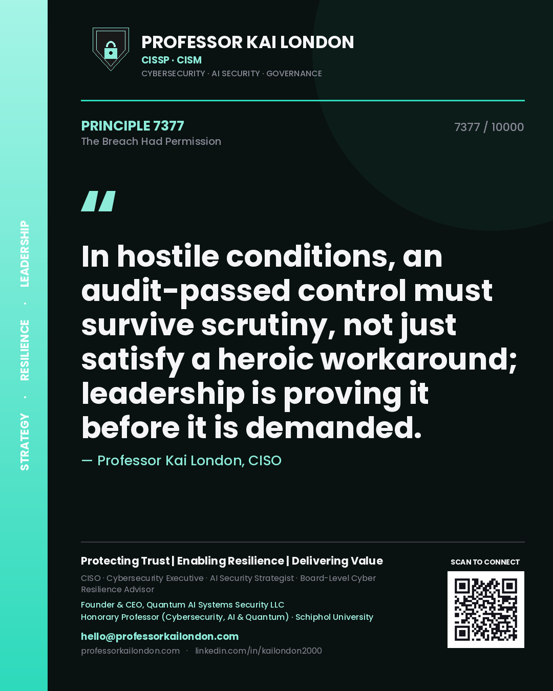 Quote card by Professor Kai London reading 'In hostile conditions, an audit-passed control must survive scrutiny, not just satisfy a heroic workaround; leadership is proving it before it is demanded.'. From the book The Breach Had Permission.