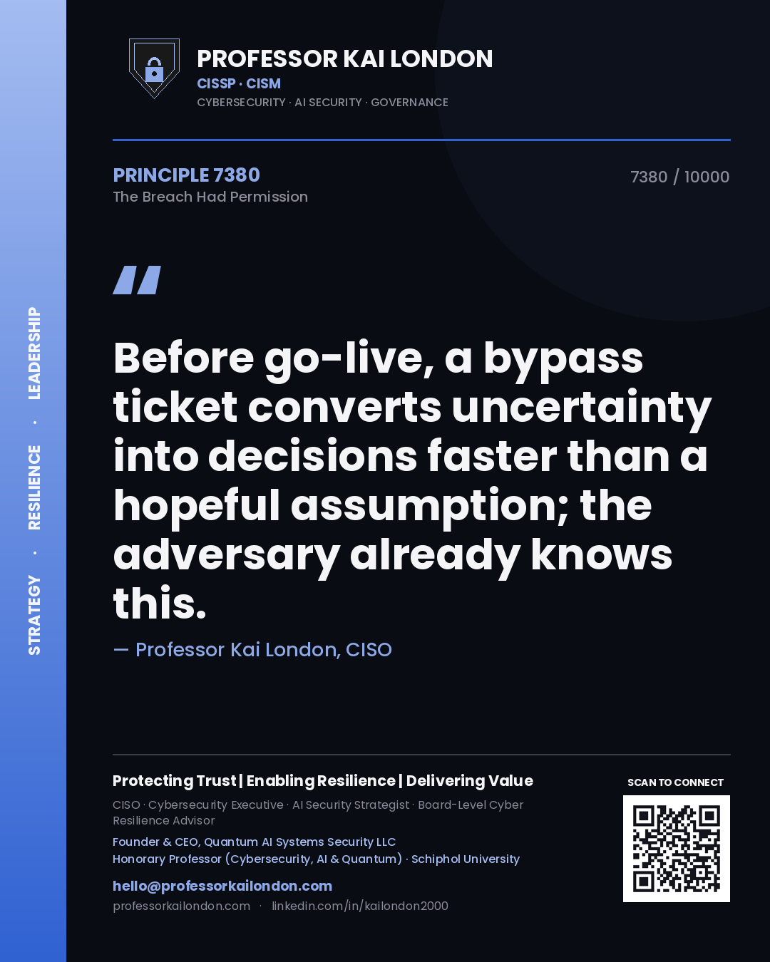Professor Kai London principle 7380: Before go-live, a bypass ticket converts uncertainty into decisions faster than a hopeful assumption; the adversary already knows this.