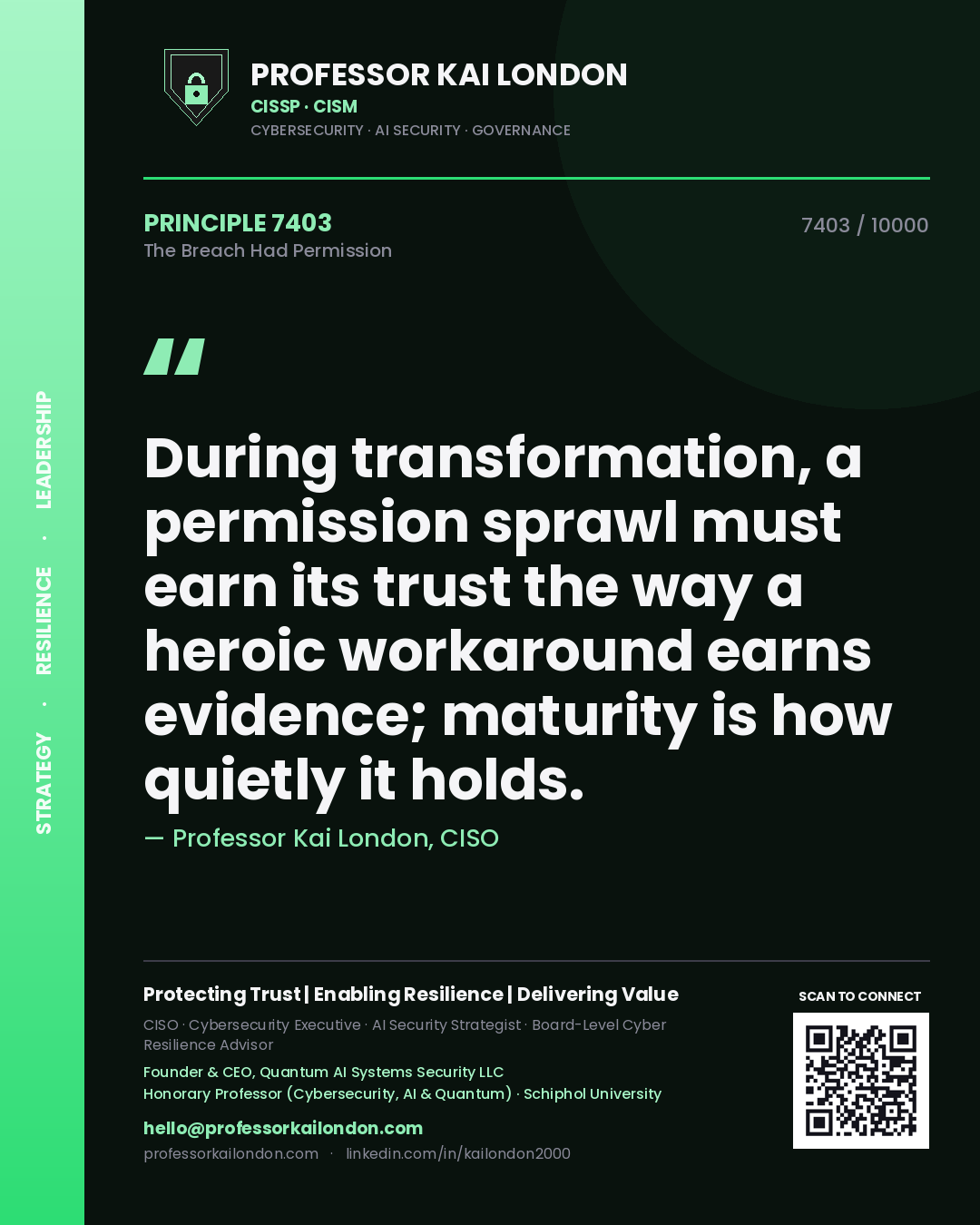 Professor Kai London principle 7403: During transformation, a permission sprawl must earn its trust the way a heroic workaround earns evidence; maturity is how quietly it holds.