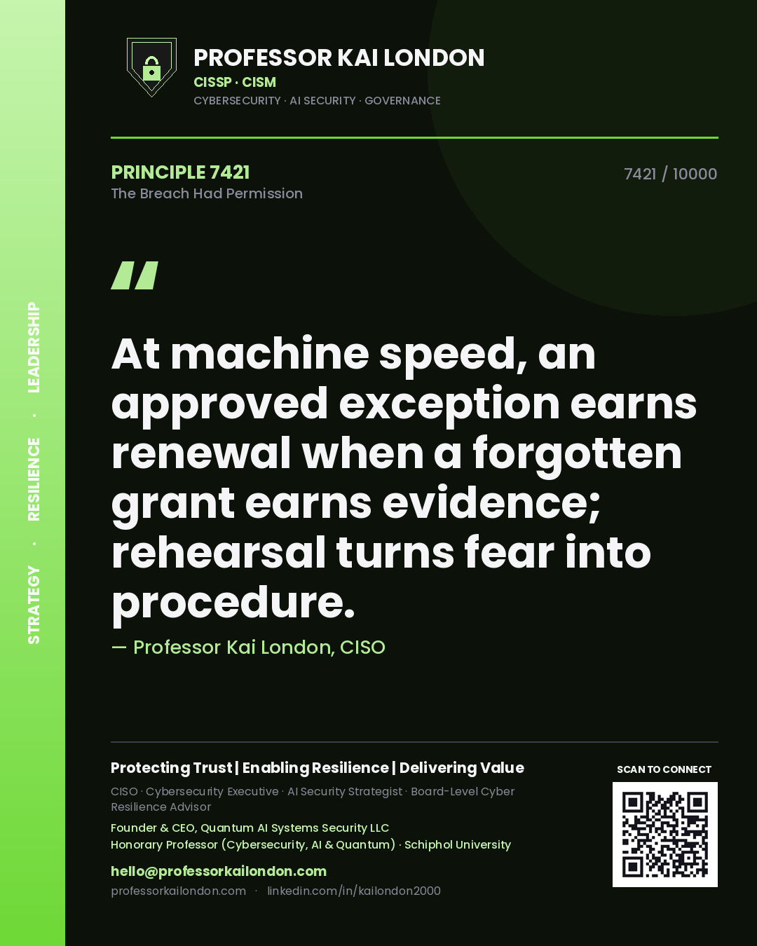 Quote card by Professor Kai London reading 'At machine speed, an approved exception earns renewal when a forgotten grant earns evidence; rehearsal turns fear into procedure.'. From the book The Breach Had Permission.