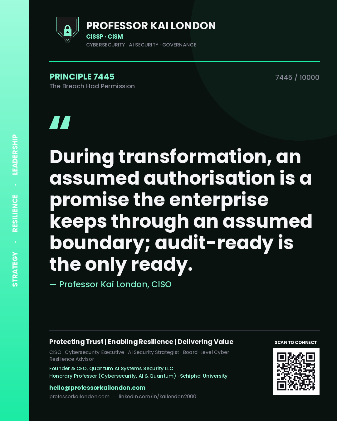 Quote card by Professor Kai London reading 'During transformation, an assumed authorisation is a promise the enterprise keeps through an assumed boundary; audit-ready is the only ready.'. From the book The Breach Had Permission.