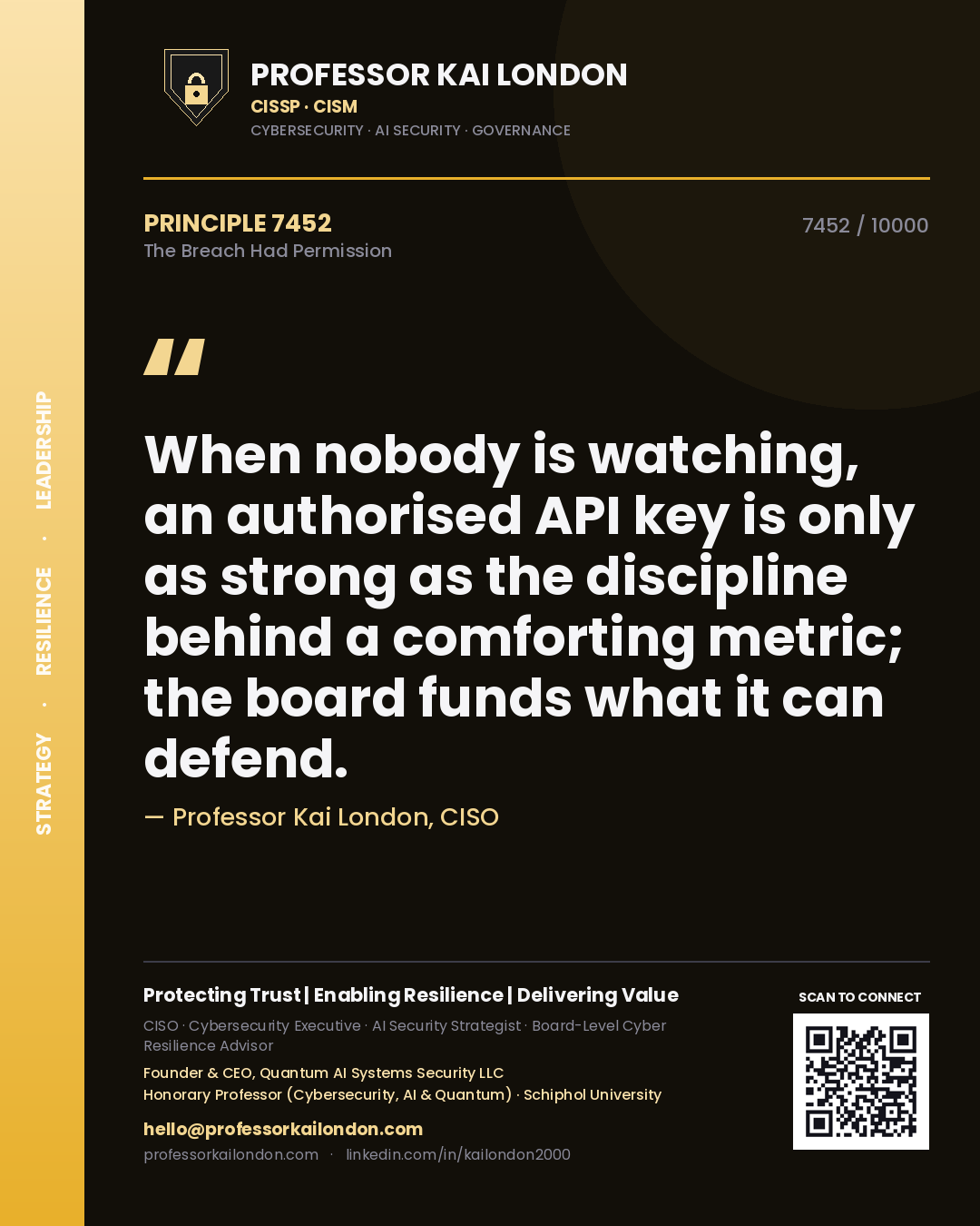 Professor Kai London principle 7452: When nobody is watching, an authorised API key is only as strong as the discipline behind a comforting metric; the board funds what it can defend.