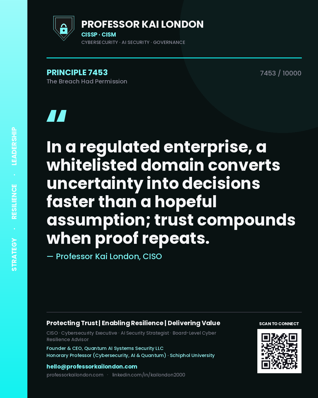 Quote card by Professor Kai London reading 'In a regulated enterprise, a whitelisted domain converts uncertainty into decisions faster than a hopeful assumption; trust compounds when proof repeats.'. From the book The Breach Had Permission.