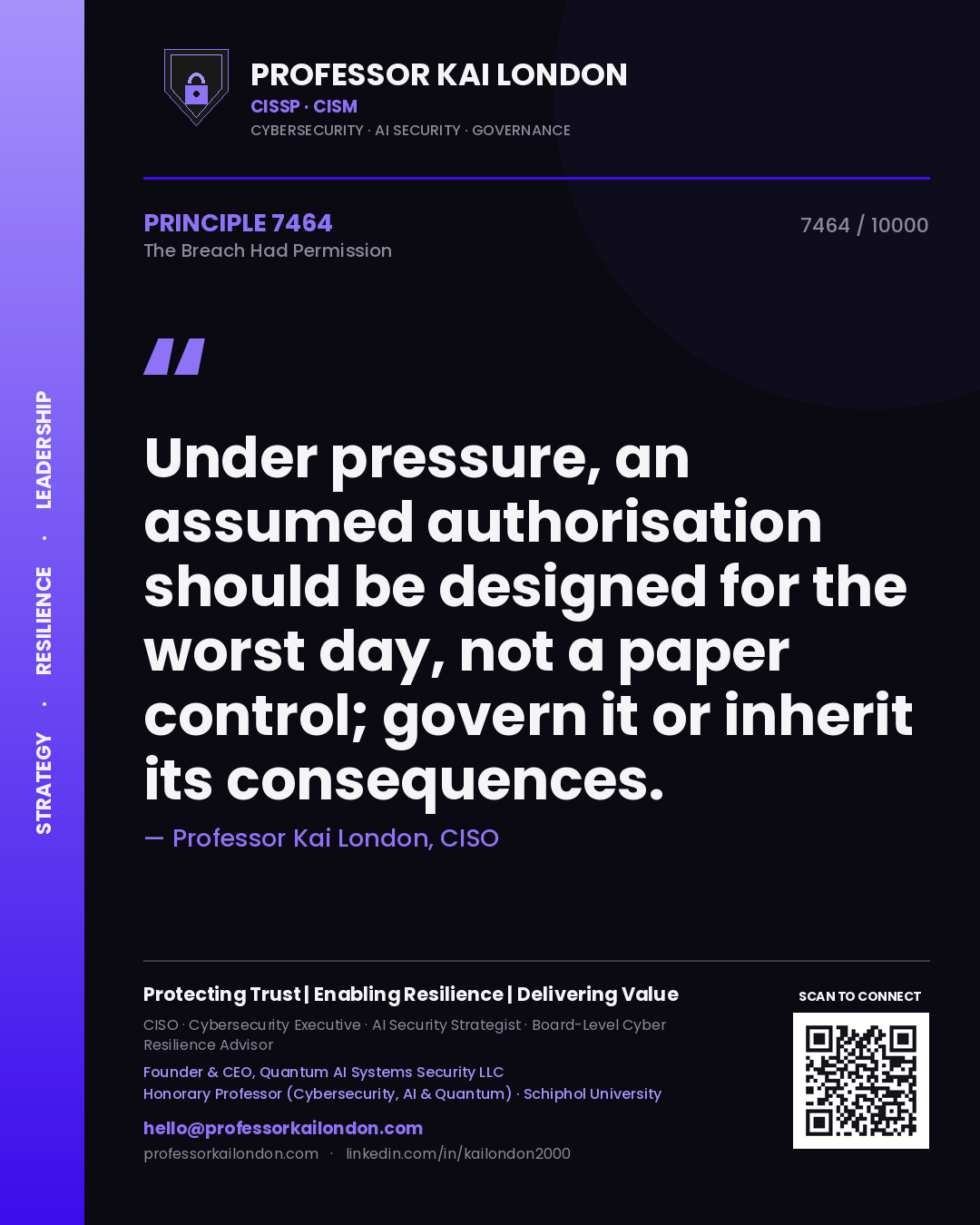 Professor Kai London principle 7464: Under pressure, an assumed authorisation should be designed for the worst day, not a paper control; govern it or inherit its consequences.