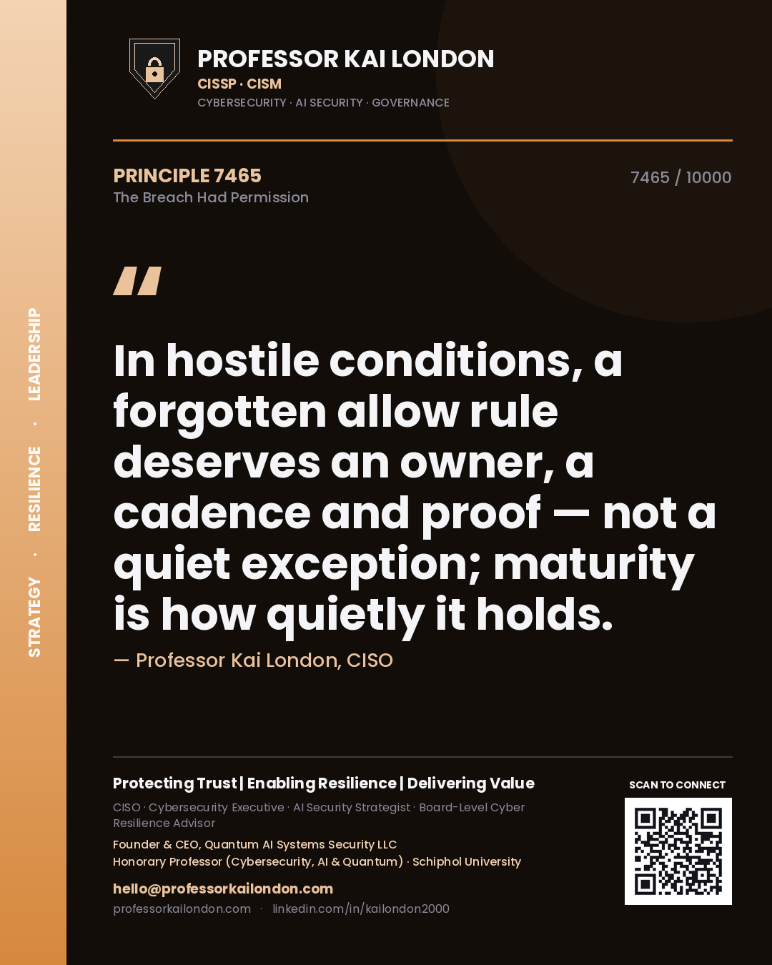 Quote card by Professor Kai London reading 'In hostile conditions, a forgotten allow rule deserves an owner, a cadence and proof — not a quiet exception; maturity is how quietly it holds.'. From the book The Breach Had Permission.