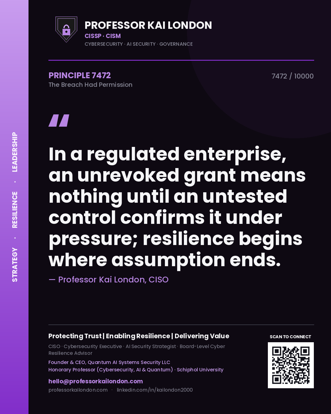 Professor Kai London principle 7472: In a regulated enterprise, an unrevoked grant means nothing until an untested control confirms it under pressure; resilience begins where assumption ends.