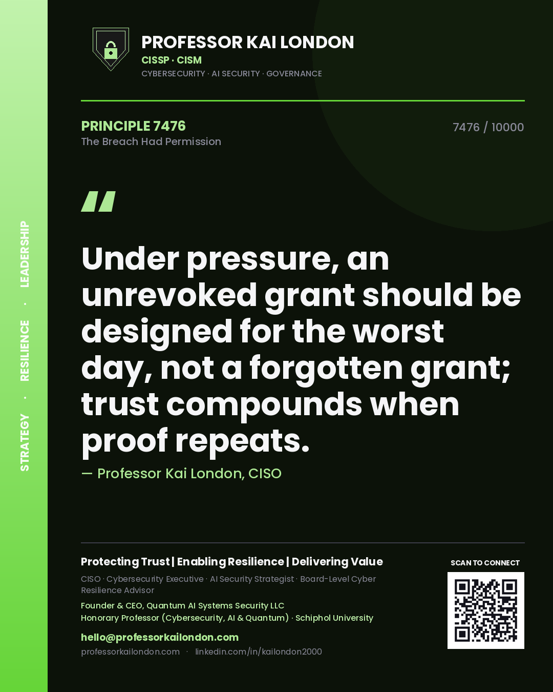 Professor Kai London principle 7476: Under pressure, an unrevoked grant should be designed for the worst day, not a forgotten grant; trust compounds when proof repeats.