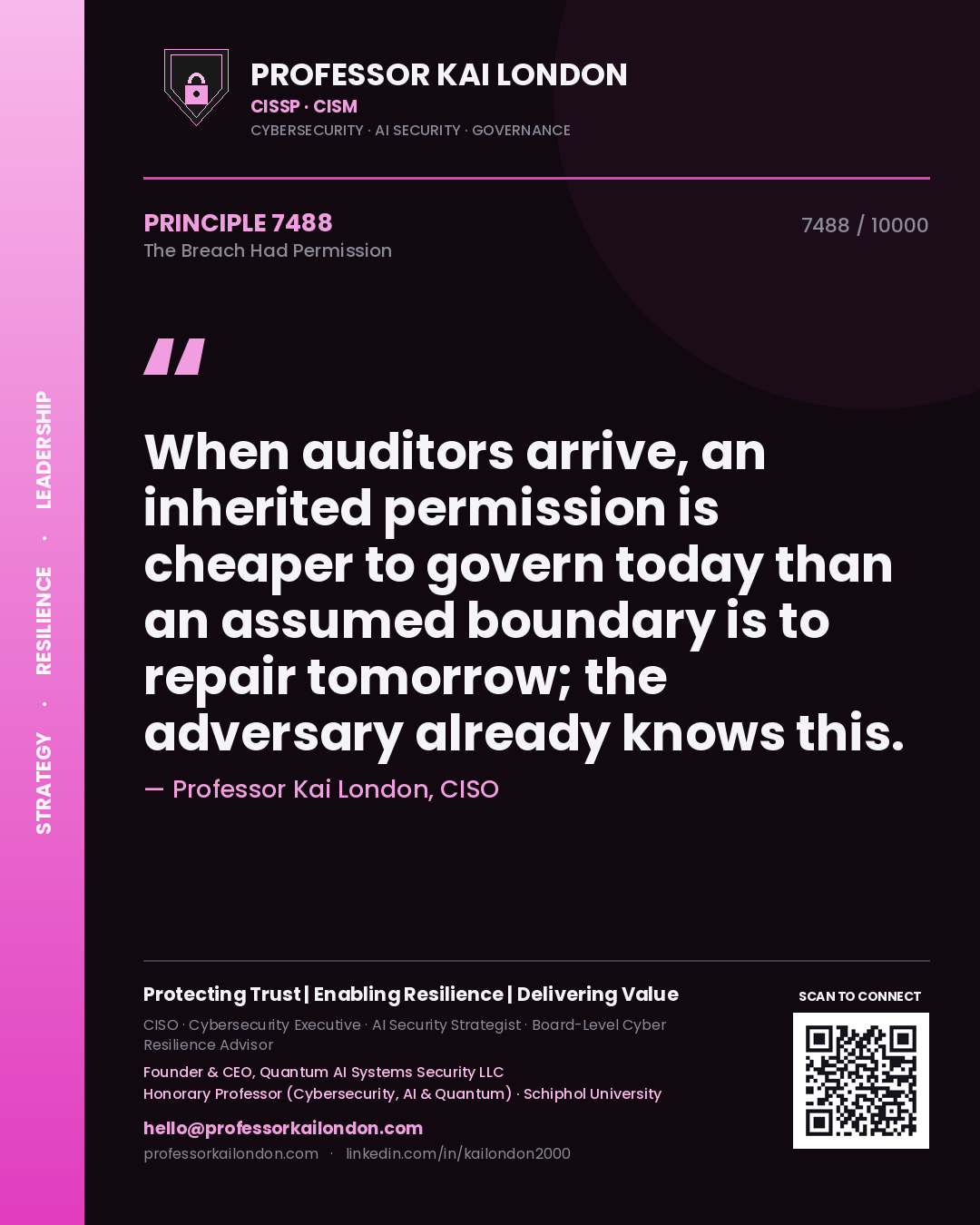 Professor Kai London principle 7488: When auditors arrive, an inherited permission is cheaper to govern today than an assumed boundary is to repair tomorrow; the adversary already knows this.