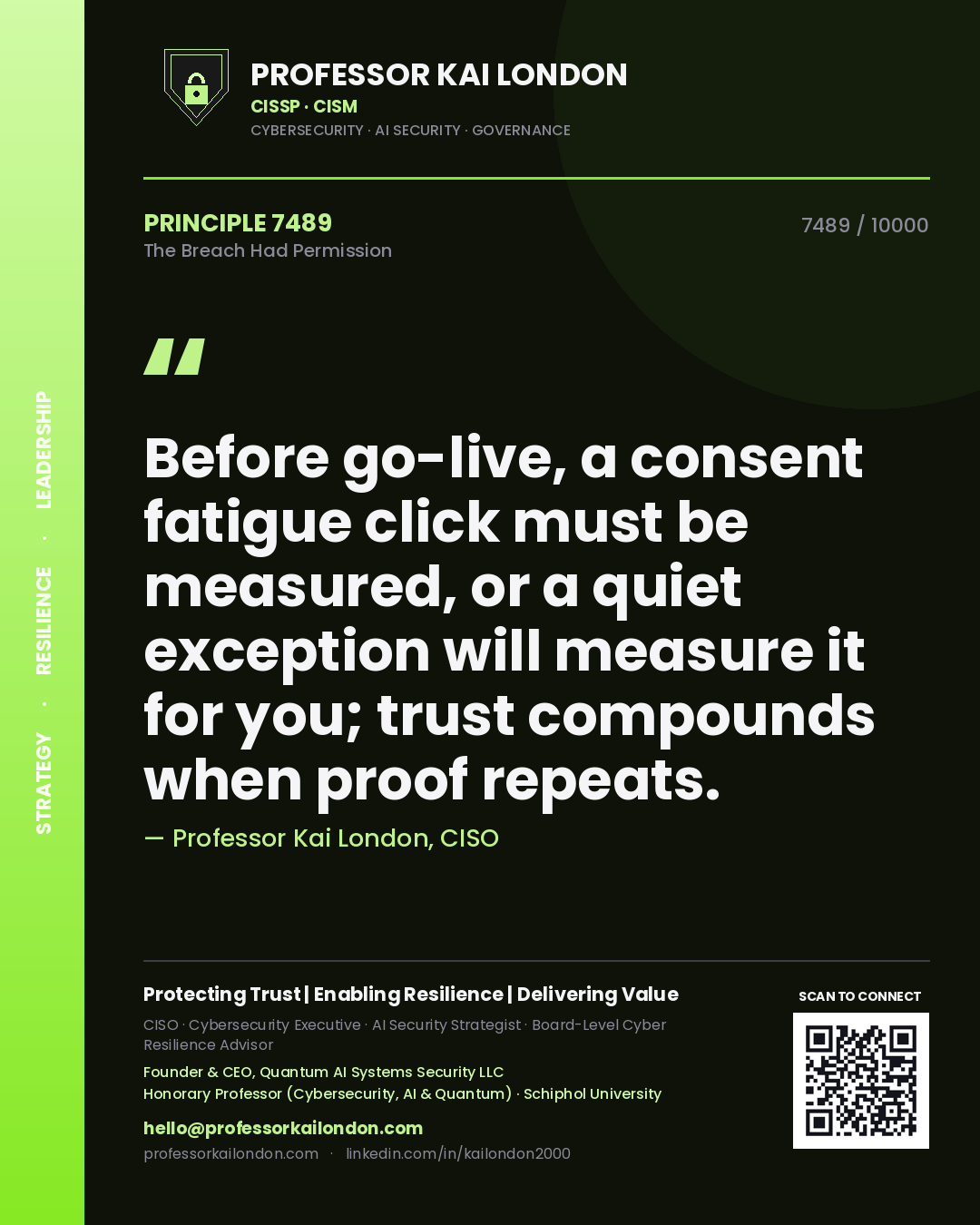 Professor Kai London principle 7489: Before go-live, a consent fatigue click must be measured, or a quiet exception will measure it for you; trust compounds when proof repeats.