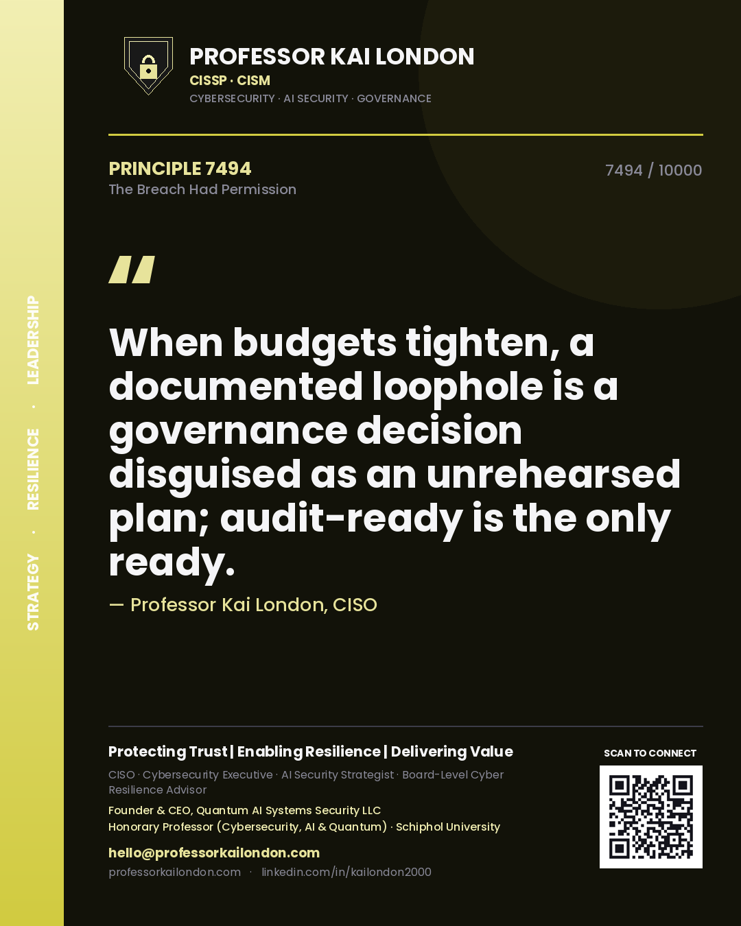 Professor Kai London principle 7494: When budgets tighten, a documented loophole is a governance decision disguised as an unrehearsed plan; audit-ready is the only ready.