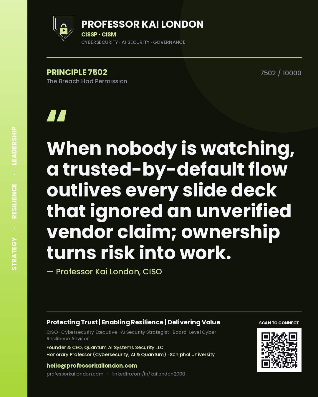 Quote card by Professor Kai London reading 'When nobody is watching, a trusted-by-default flow outlives every slide deck that ignored an unverified vendor claim; ownership turns risk into work.'. From the book The Breach Had Permission.