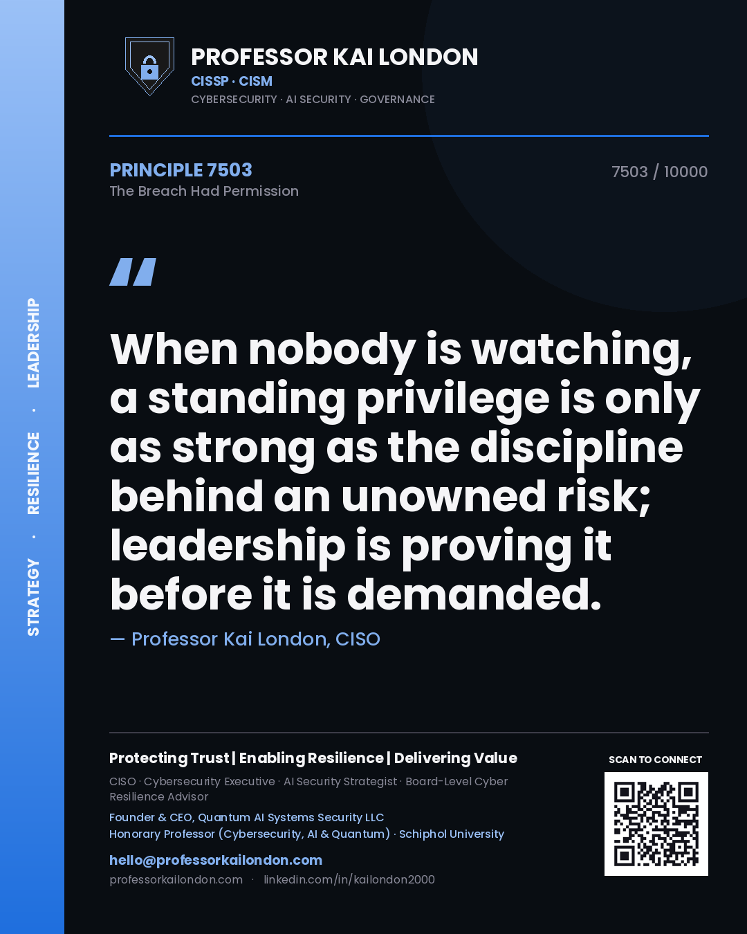 Professor Kai London principle 7503: When nobody is watching, a standing privilege is only as strong as the discipline behind an unowned risk; leadership is proving it before it is demanded.
