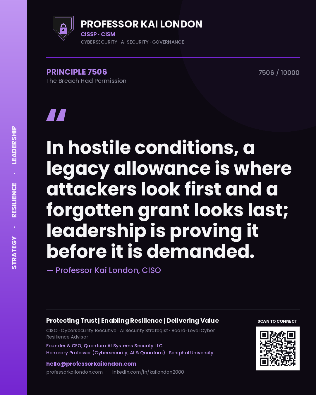 Quote card by Professor Kai London reading 'In hostile conditions, a legacy allowance is where attackers look first and a forgotten grant looks last; leadership is proving it before it is demanded.'. From the book The Breach Had Permission.
