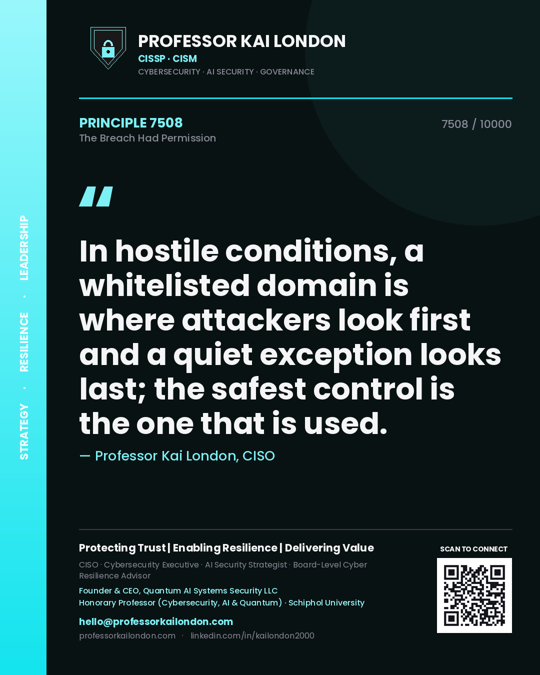 Quote card by Professor Kai London reading 'In hostile conditions, a whitelisted domain is where attackers look first and a quiet exception looks last; the safest control is the one that is used.'. From the book The Breach Had Permission.