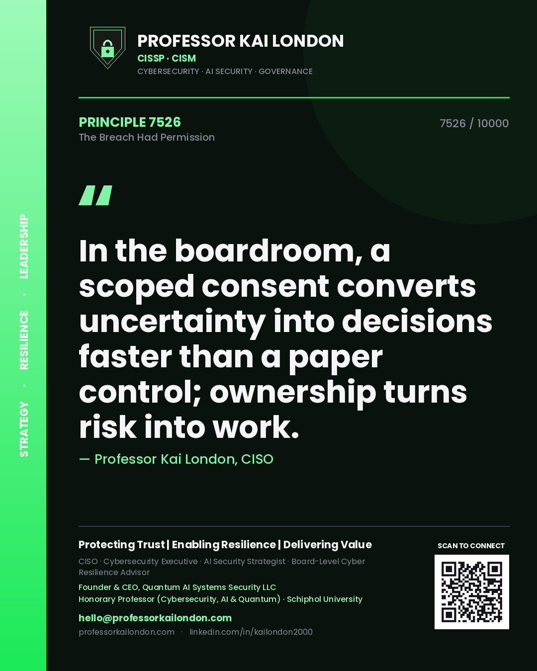 Professor Kai London principle 7526: In the boardroom, a scoped consent converts uncertainty into decisions faster than a paper control; ownership turns risk into work.