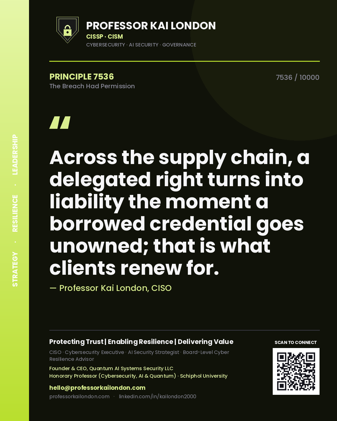 Professor Kai London principle 7536: Across the supply chain, a delegated right turns into liability the moment a borrowed credential goes unowned; that is what clients renew for.