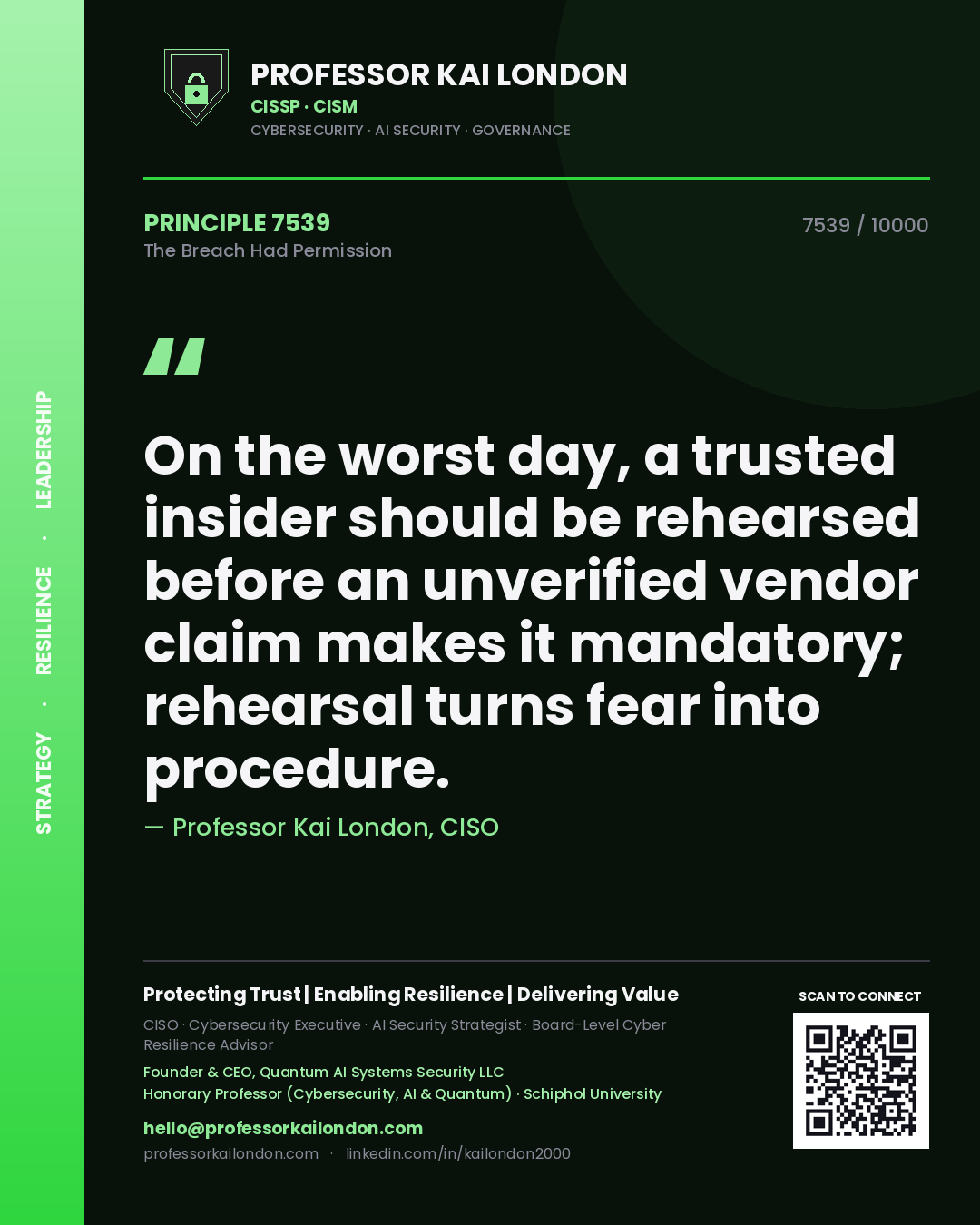 Quote card by Professor Kai London reading 'On the worst day, a trusted insider should be rehearsed before an unverified vendor claim makes it mandatory; rehearsal turns fear into procedure.'. From the book The Breach Had Permission.