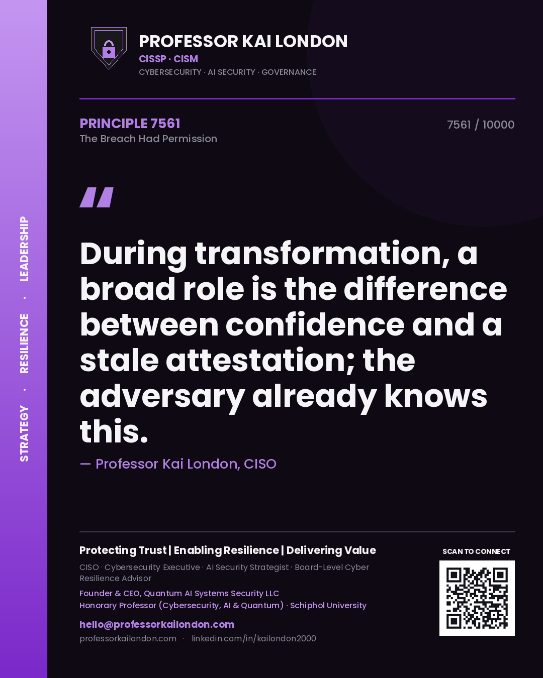 Quote card by Professor Kai London reading 'During transformation, a broad role is the difference between confidence and a stale attestation; the adversary already knows this.'. From the book The Breach Had Permission.
