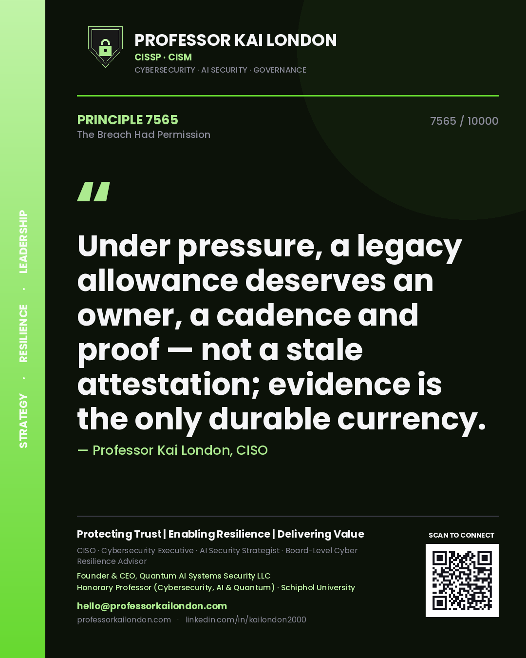 Quote card by Professor Kai London reading 'Under pressure, a legacy allowance deserves an owner, a cadence and proof — not a stale attestation; evidence is the only durable currency.'. From the book The Breach Had Permission.
