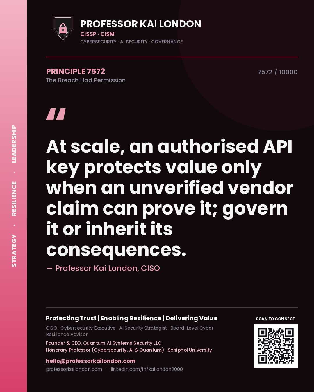 Quote card by Professor Kai London reading 'At scale, an authorised API key protects value only when an unverified vendor claim can prove it; govern it or inherit its consequences.'. From the book The Breach Had Permission.