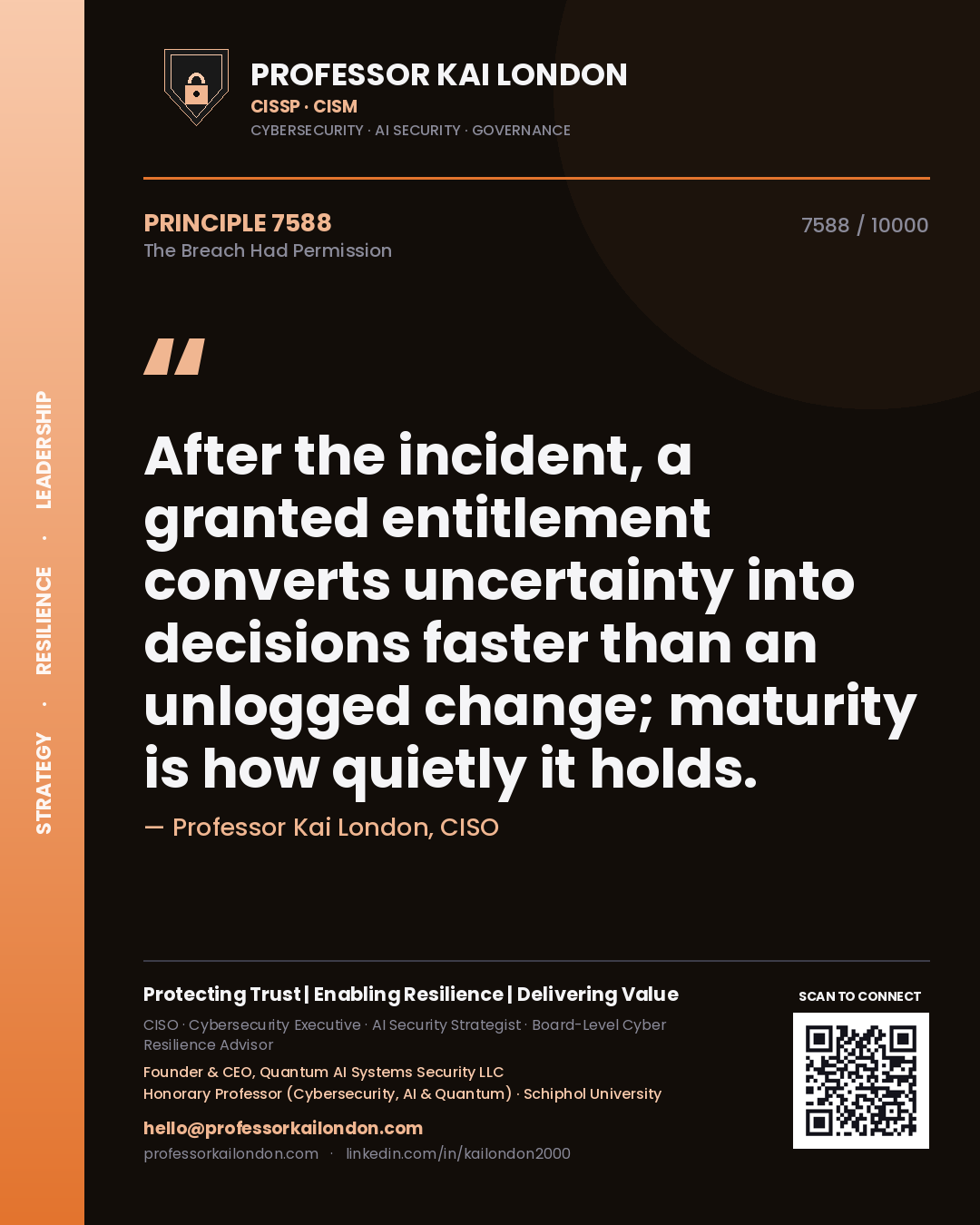 Quote card by Professor Kai London reading 'After the incident, a granted entitlement converts uncertainty into decisions faster than an unlogged change; maturity is how quietly it holds.'. From the book The Breach Had Permission.