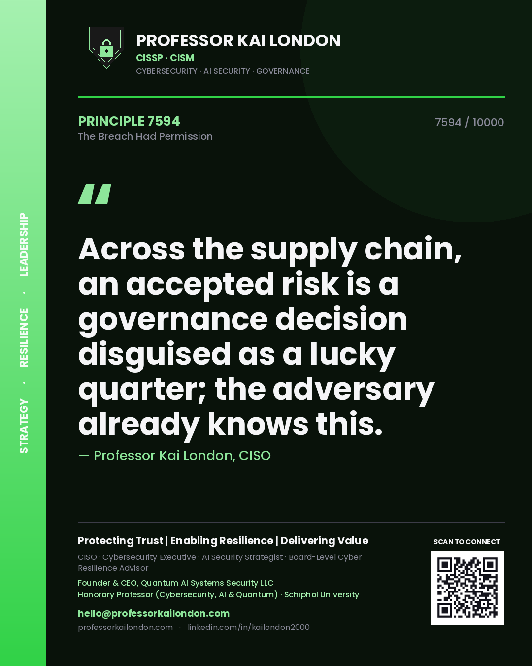 Quote card by Professor Kai London reading 'Across the supply chain, an accepted risk is a governance decision disguised as a lucky quarter; the adversary already knows this.'. From the book The Breach Had Permission.