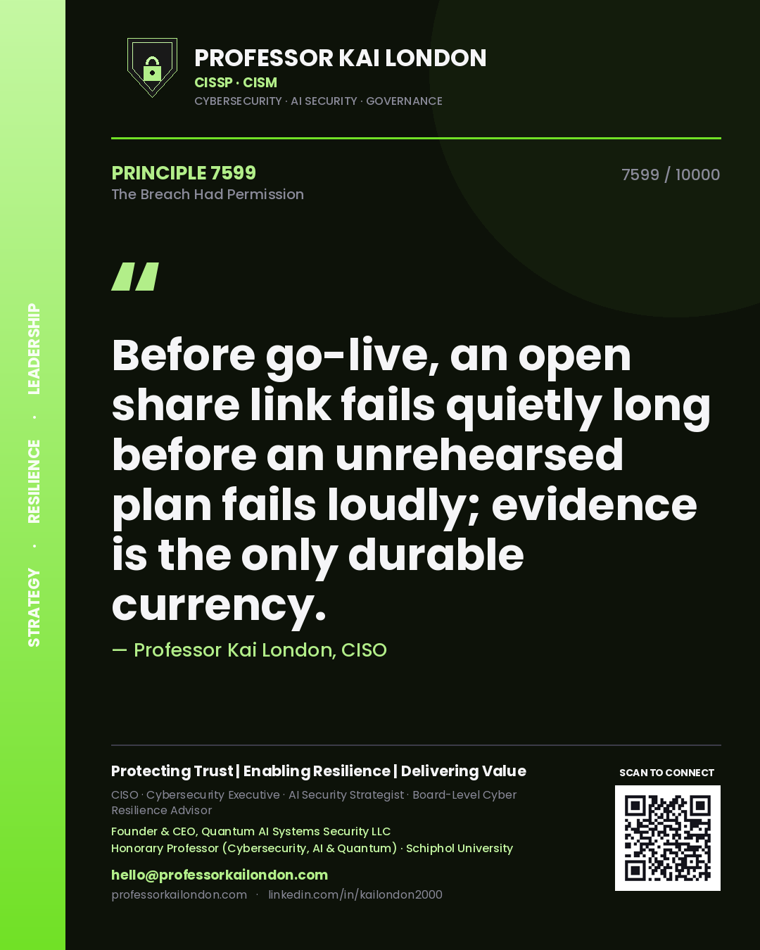Professor Kai London principle 7599: Before go-live, an open share link fails quietly long before an unrehearsed plan fails loudly; evidence is the only durable currency.