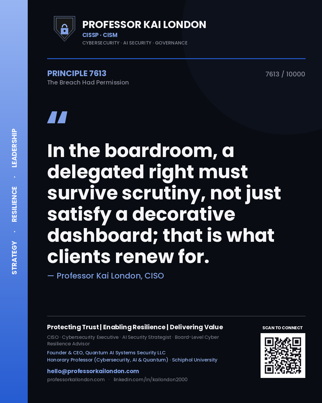 Quote card by Professor Kai London reading 'In the boardroom, a delegated right must survive scrutiny, not just satisfy a decorative dashboard; that is what clients renew for.'. From the book The Breach Had Permission.