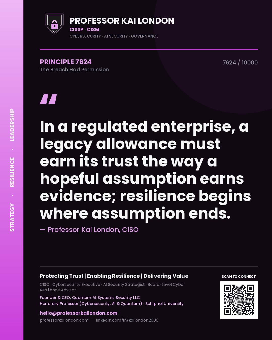 Professor Kai London principle 7624: In a regulated enterprise, a legacy allowance must earn its trust the way a hopeful assumption earns evidence; resilience begins where assumption ends.