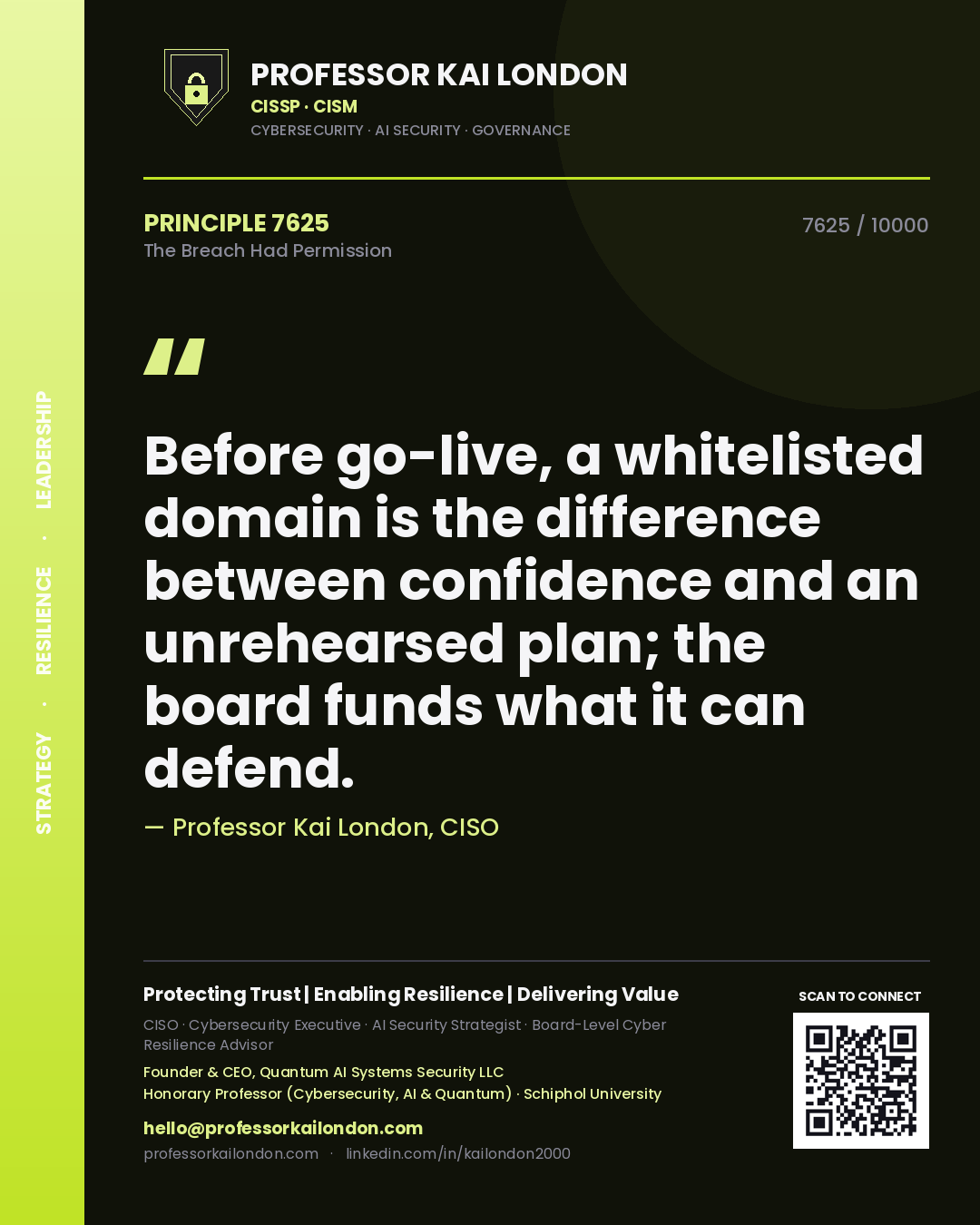 Quote card by Professor Kai London reading 'Before go-live, a whitelisted domain is the difference between confidence and an unrehearsed plan; the board funds what it can defend.'. From the book The Breach Had Permission.