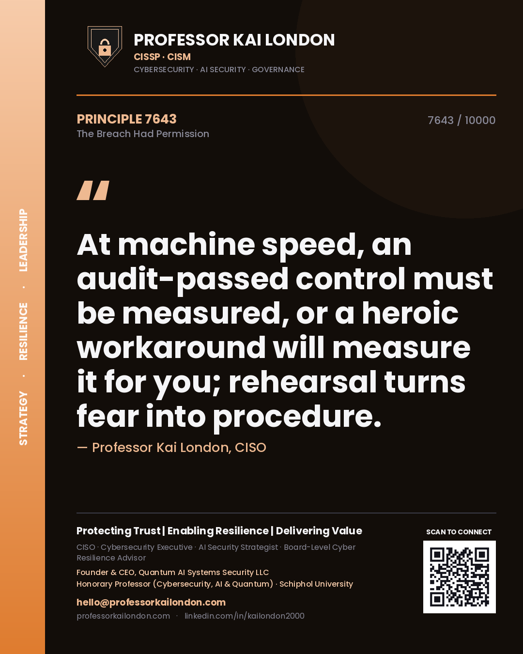 Professor Kai London principle 7643: At machine speed, an audit-passed control must be measured, or a heroic workaround will measure it for you; rehearsal turns fear into procedure.