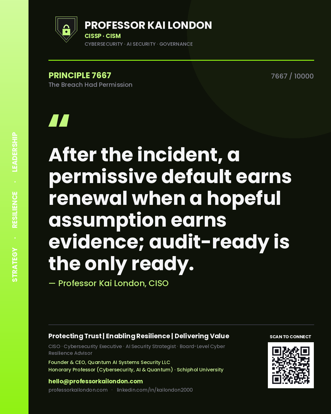 Quote card by Professor Kai London reading 'After the incident, a permissive default earns renewal when a hopeful assumption earns evidence; audit-ready is the only ready.'. From the book The Breach Had Permission.