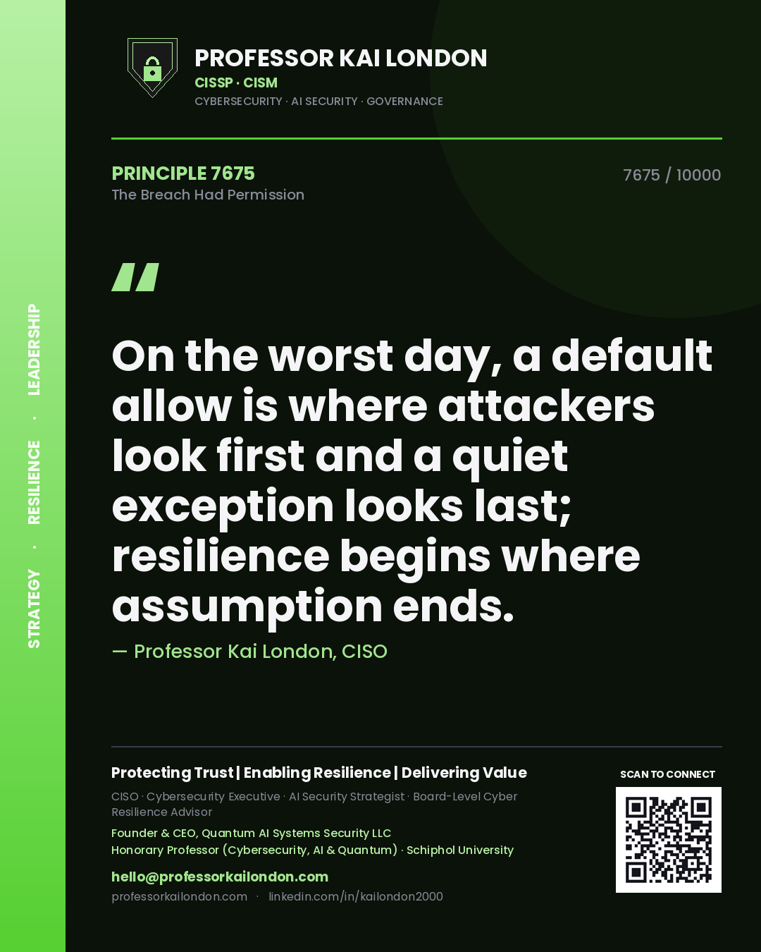 Professor Kai London principle 7675: On the worst day, a default allow is where attackers look first and a quiet exception looks last; resilience begins where assumption ends.
