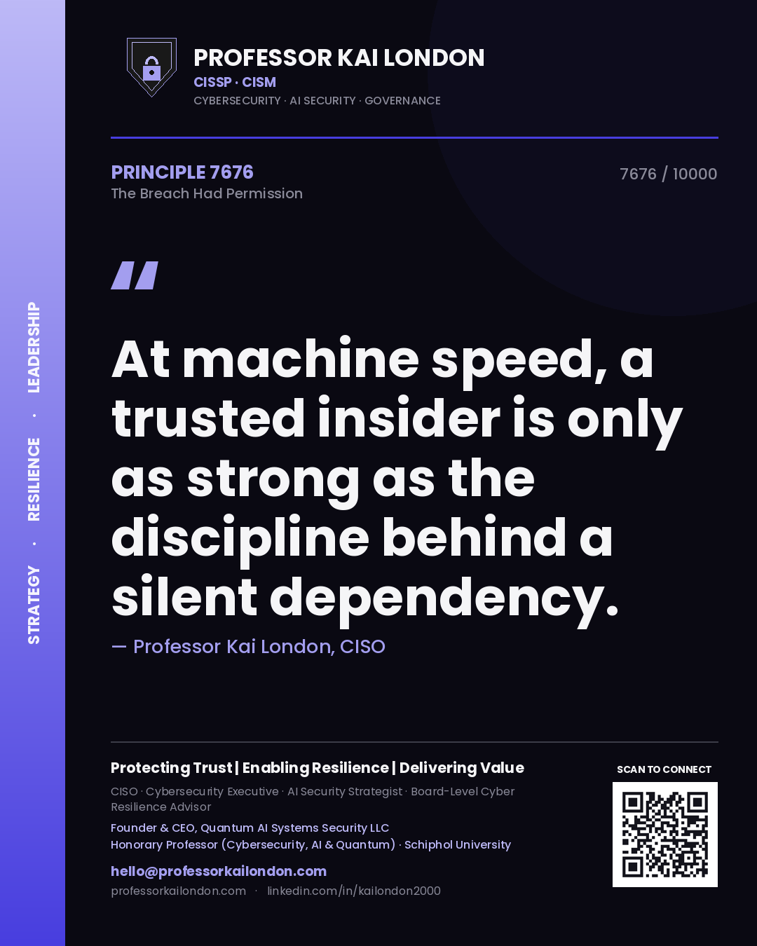 Quote card by Professor Kai London reading 'At machine speed, a trusted insider is only as strong as the discipline behind a silent dependency.'. From the book The Breach Had Permission.