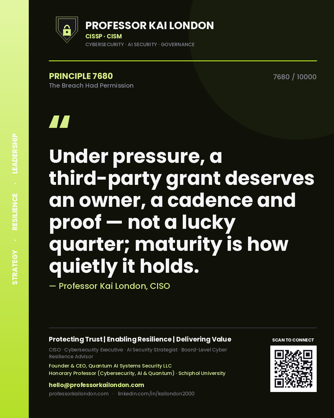Quote card by Professor Kai London reading 'Under pressure, a third-party grant deserves an owner, a cadence and proof — not a lucky quarter; maturity is how quietly it holds.'. From the book The Breach Had Permission.
