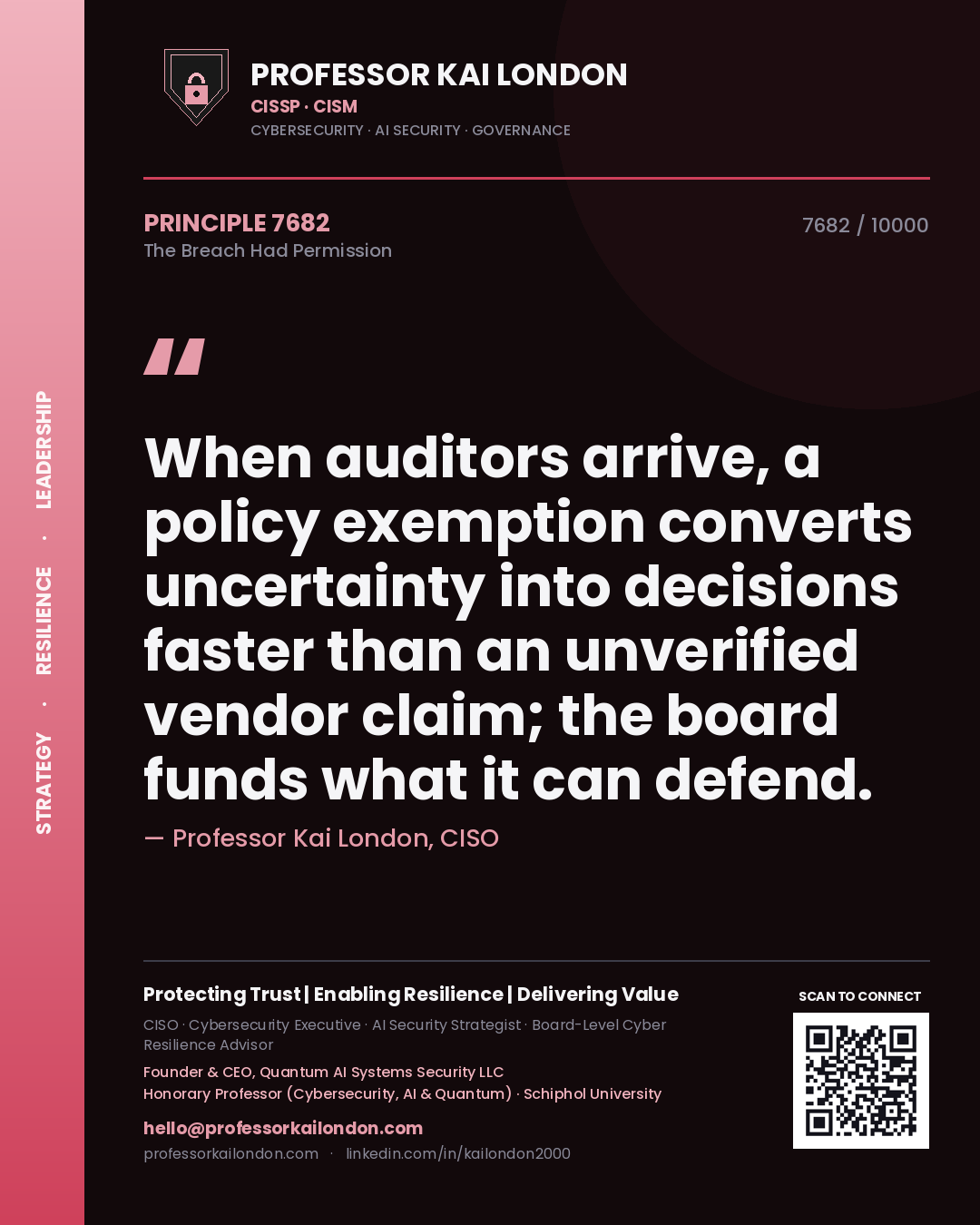 Quote card by Professor Kai London reading 'When auditors arrive, a policy exemption converts uncertainty into decisions faster than an unverified vendor claim; the board funds what it can defend.'. From the book The Breach Had Permission.