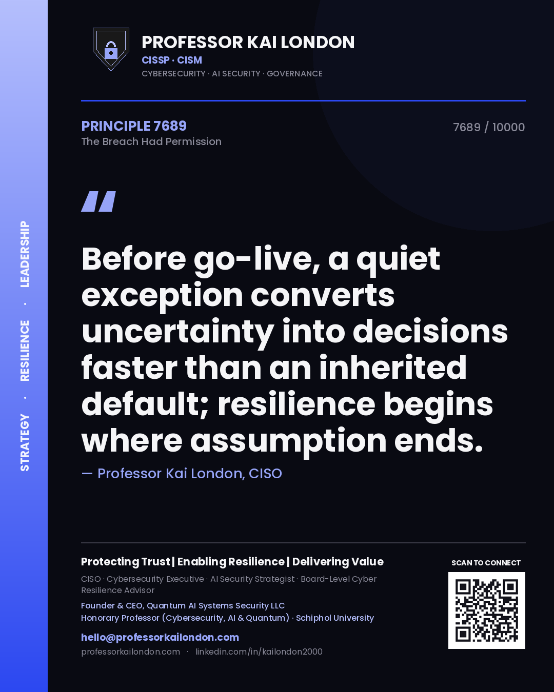 Quote card by Professor Kai London reading 'Before go-live, a quiet exception converts uncertainty into decisions faster than an inherited default; resilience begins where assumption ends.'. From the book The Breach Had Permission.