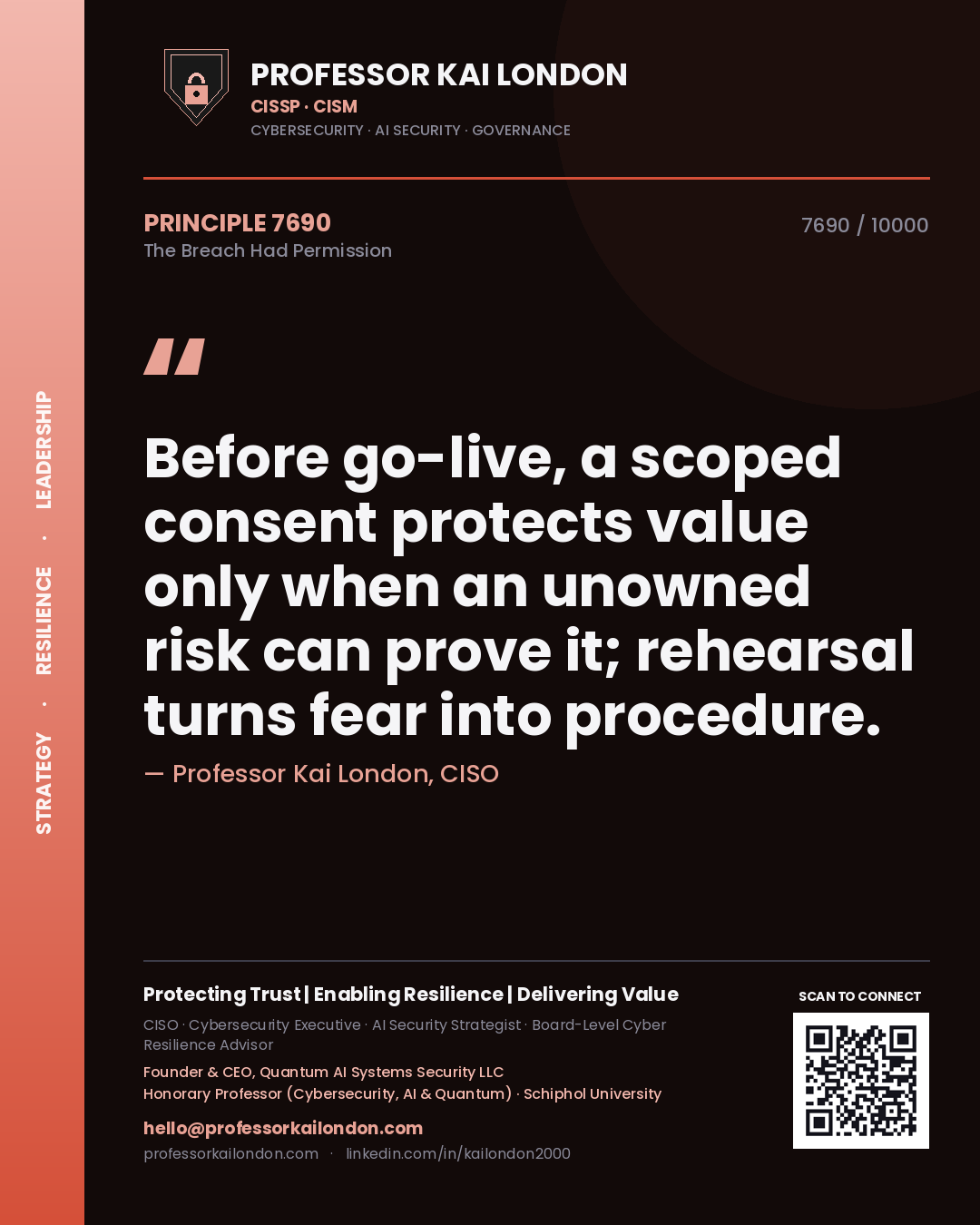 Quote card by Professor Kai London reading 'Before go-live, a scoped consent protects value only when an unowned risk can prove it; rehearsal turns fear into procedure.'. From the book The Breach Had Permission.
