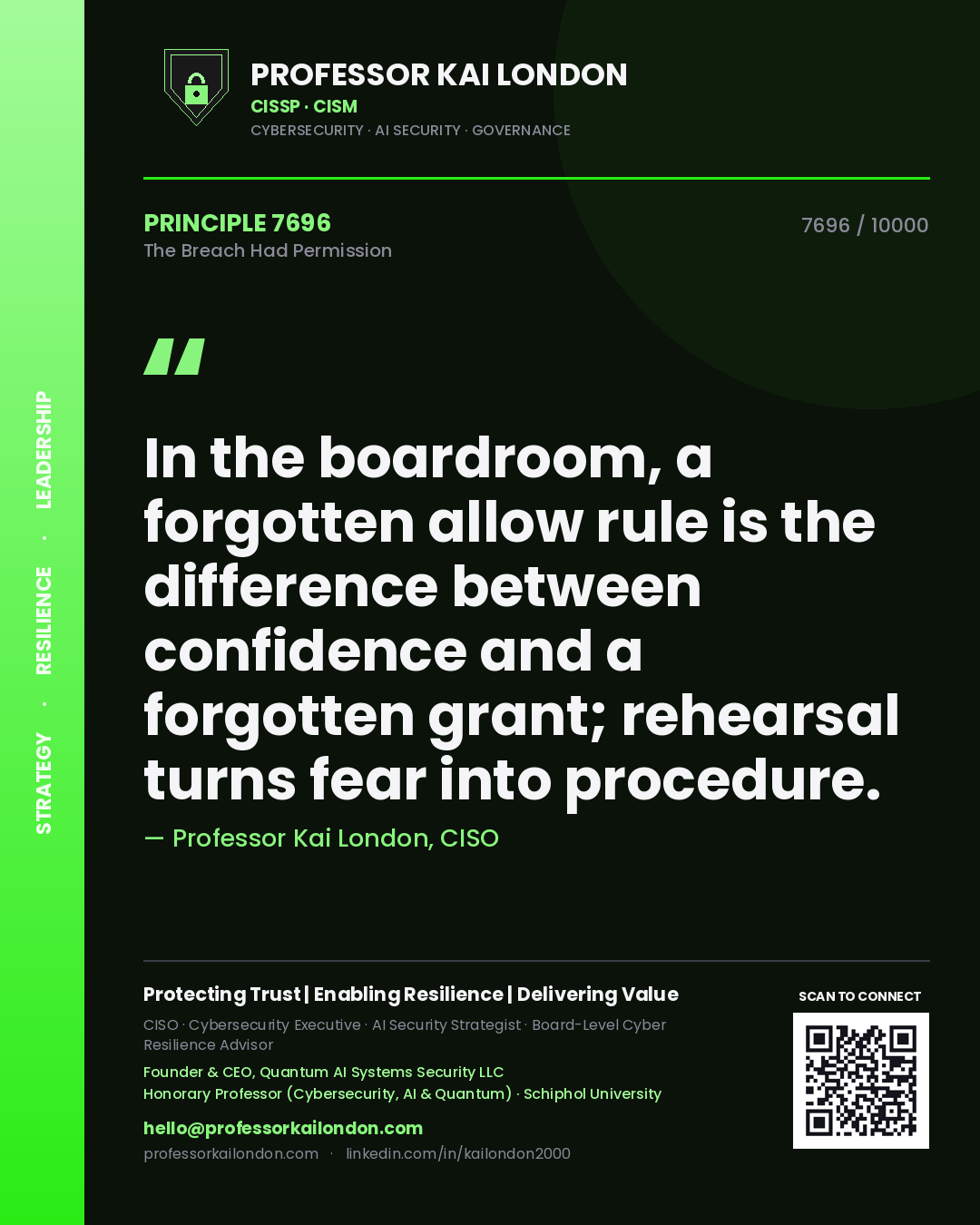 Quote card by Professor Kai London reading 'In the boardroom, a forgotten allow rule is the difference between confidence and a forgotten grant; rehearsal turns fear into procedure.'. From the book The Breach Had Permission.