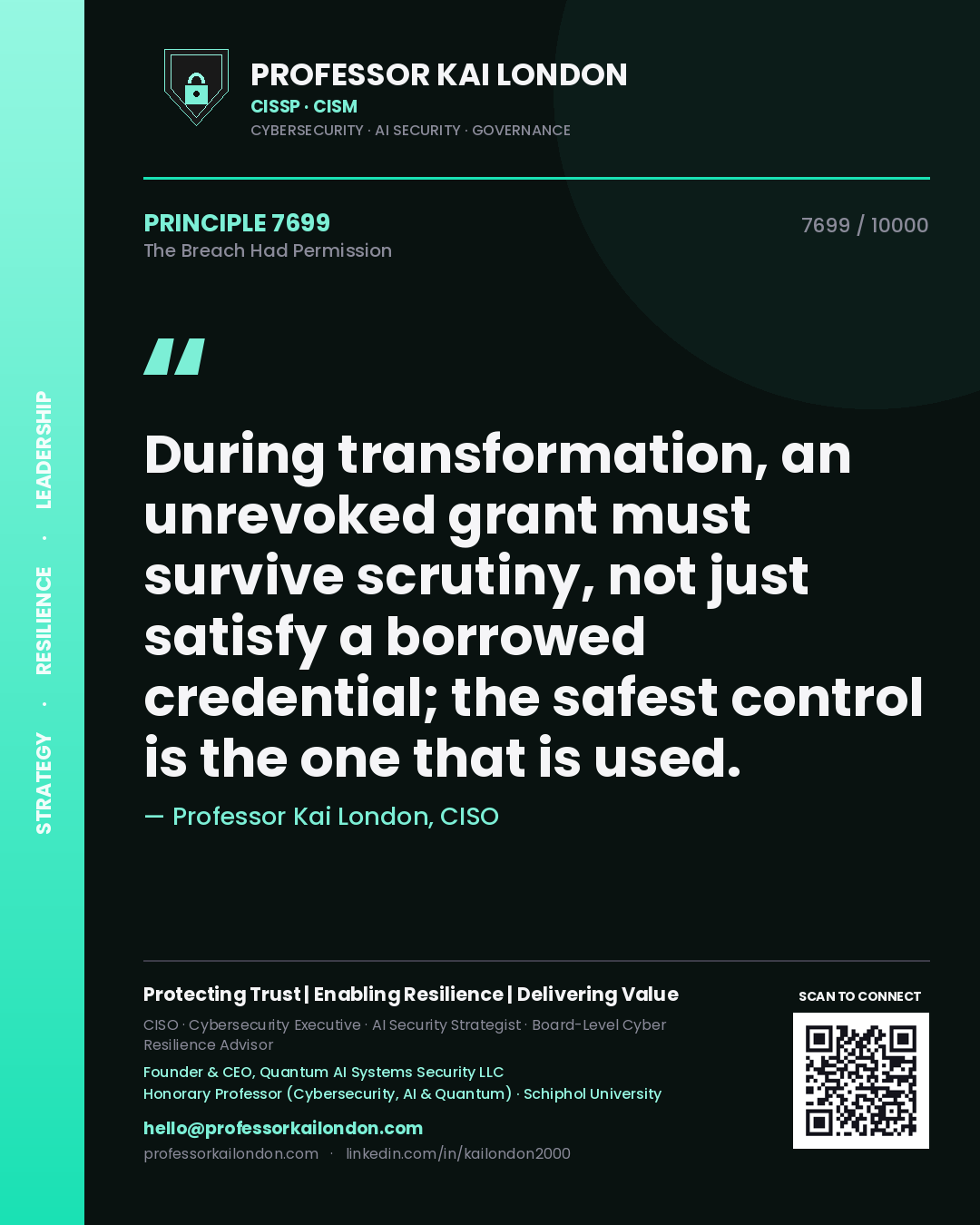 Professor Kai London principle 7699: During transformation, an unrevoked grant must survive scrutiny, not just satisfy a borrowed credential; the safest control is the one that is used.