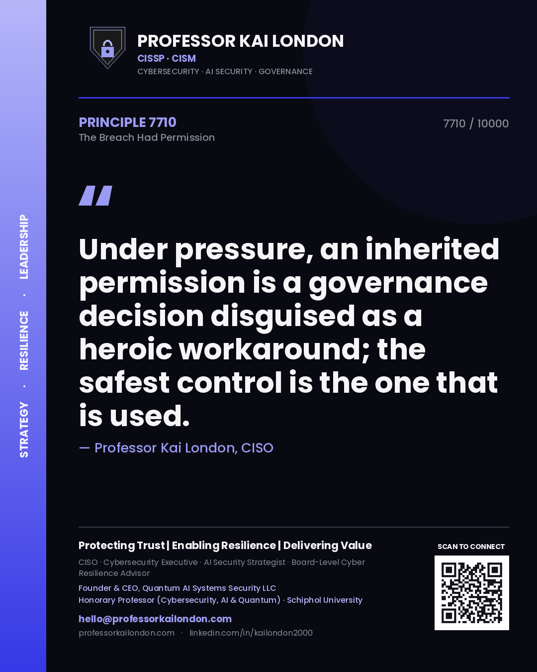 Quote card by Professor Kai London reading 'Under pressure, an inherited permission is a governance decision disguised as a heroic workaround; the safest control is the one that is used.'. From the book The Breach Had Permission.