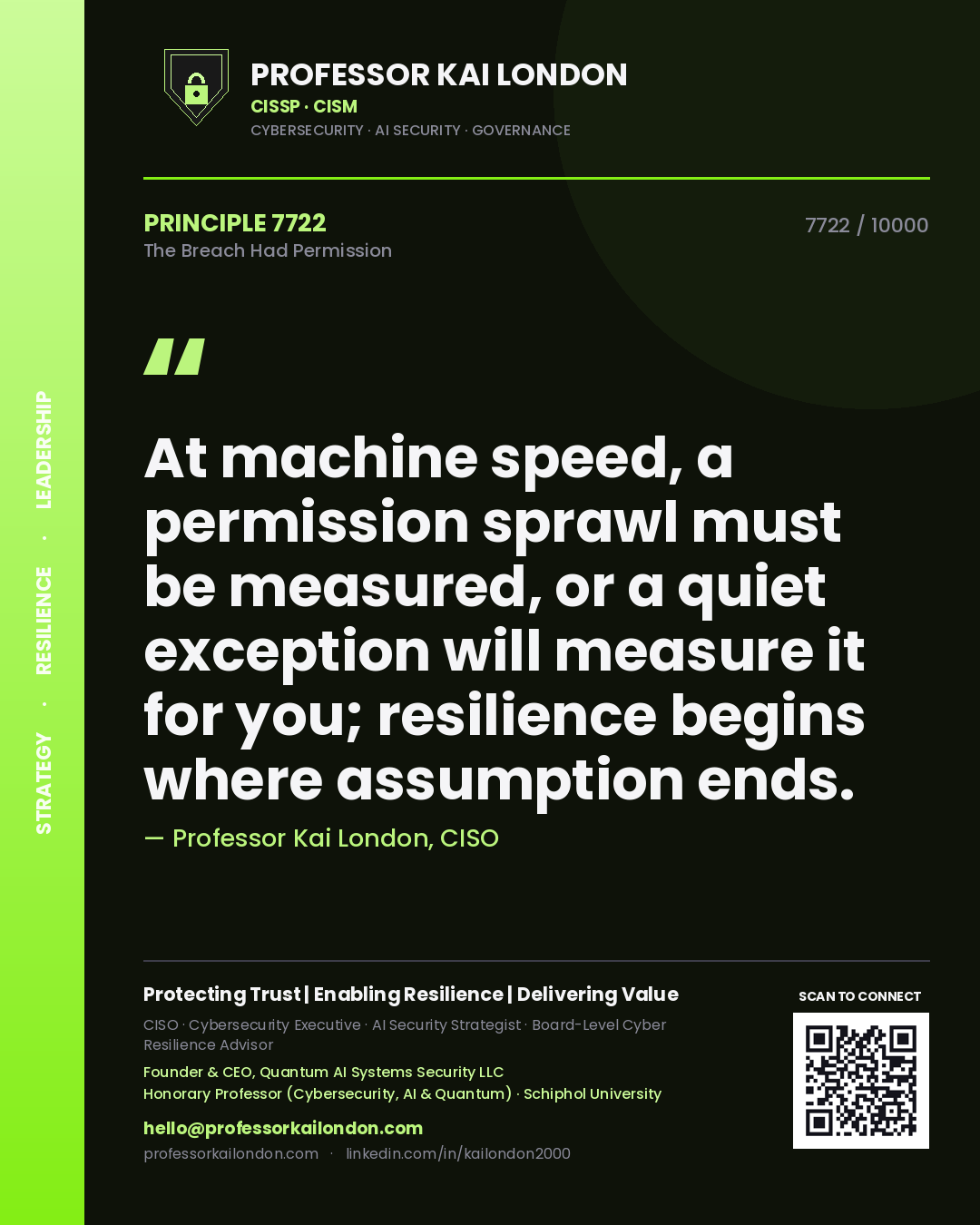 Professor Kai London principle 7722: At machine speed, a permission sprawl must be measured, or a quiet exception will measure it for you; resilience begins where assumption ends.