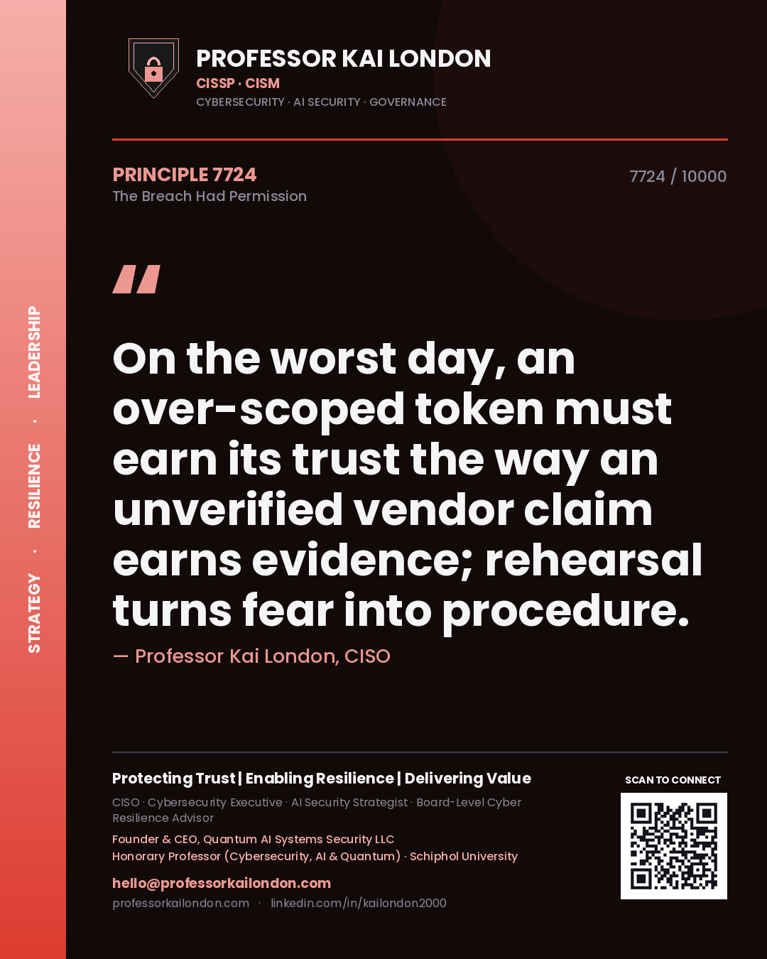 Quote card by Professor Kai London reading 'On the worst day, an over-scoped token must earn its trust the way an unverified vendor claim earns evidence; rehearsal turns fear into procedure.'. From the book The Breach Had Permission.
