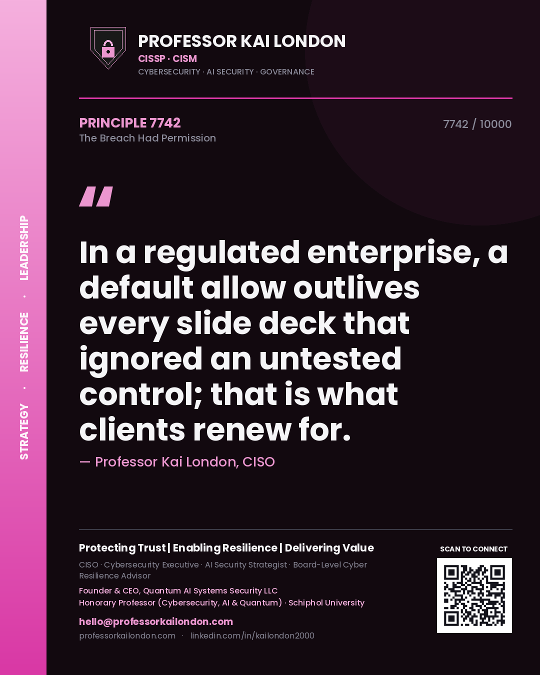 Professor Kai London principle 7742: In a regulated enterprise, a default allow outlives every slide deck that ignored an untested control; that is what clients renew for.