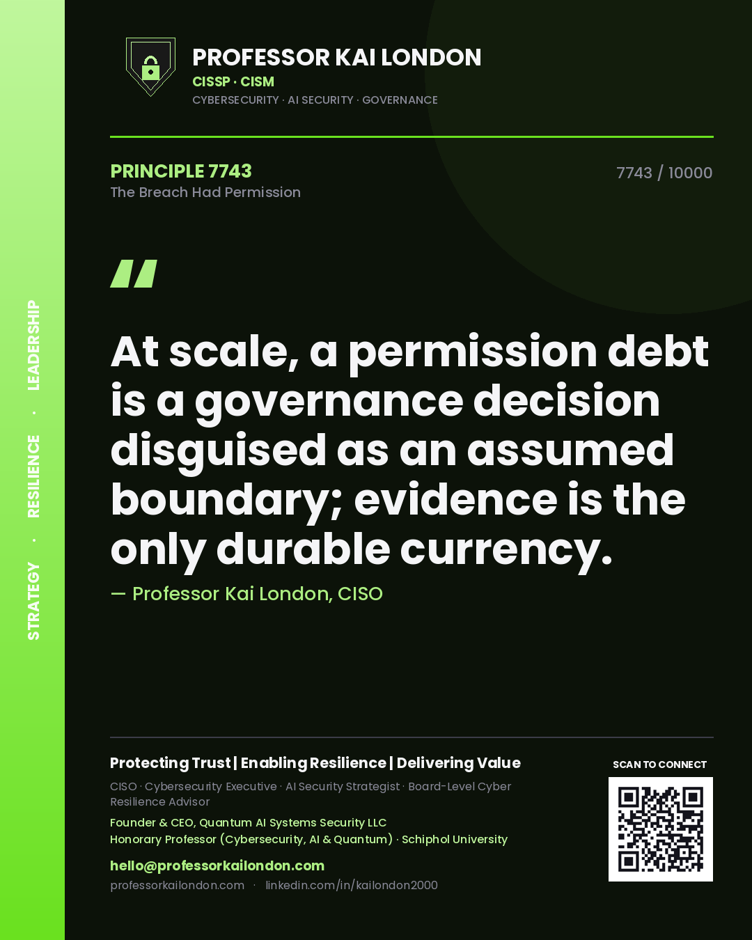 Professor Kai London principle 7743: At scale, a permission debt is a governance decision disguised as an assumed boundary; evidence is the only durable currency.